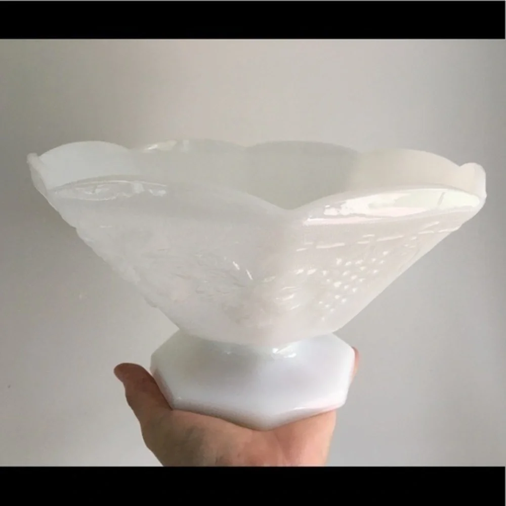 Vintage Footed Milk Glass Bowl with Grapevine Pattern